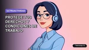 Ilustración vectorial plana de una mujer profesional chilena con blusa azul y corte bob, sobre fondo degradado lavanda, representando la protección de condiciones laborales en 2026.