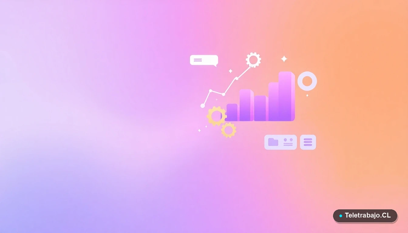 Composición abstracta de interfaz de usuario tecnológica con gráficos flotantes y engranajes estilizados en colores lavanda y durazno, ilustración vectorial plana.