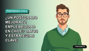 Ilustración vectorial plana de un trabajador profesional masculino con suéter verde, sobre un fondo degradado azul verdoso. Representa el crecimiento profesional y la empleabilidad en Chile.