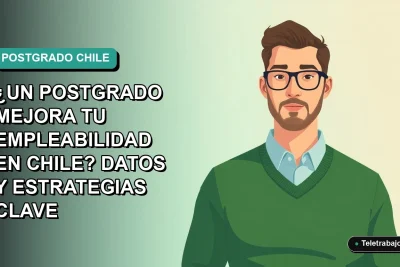 Ilustración vectorial plana de un trabajador profesional masculino con suéter verde, sobre un fondo degradado azul verdoso. Representa el crecimiento profesional y la empleabilidad en Chile.