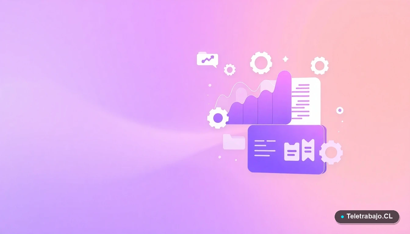 Composición abstracta de interfaz de usuario con gráficos flotantes, engranajes y carpetas, en estilo vectorial plano sobre fondo degradado lila. Concepto de datos, tecnología y análisis profesional.
