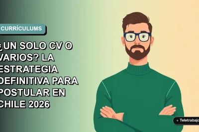 Ilustración plana corporativa de un trabajador remoto masculino con suéter verde, sobre fondo degradado azul y blanco, representando la estrategia de postulación laboral.