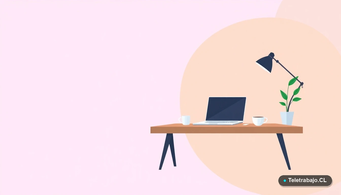 Escritorio moderno minimalista con laptop, café y planta, sobre fondo degradado lavanda, concepto de espacio de trabajo remoto y productividad.