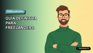 Ilustración vectorial plana de un trabajador freelance masculino comparando plataformas en su laptop, fondo degradado azul verdoso.