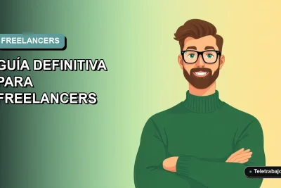 Ilustración vectorial plana de un trabajador freelance masculino comparando plataformas en su laptop, fondo degradado azul verdoso.