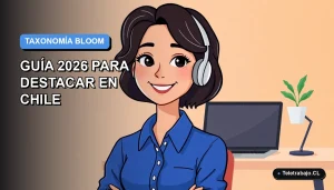 Ilustración plana vectorial de una profesional chilena sonriente, con blusa azul, junto a elementos de oficina moderna, sobre fondo degradado azul y blanco. Concepto para mejorar currículum con la Taxonomía de Bloom.