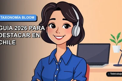 Ilustración plana vectorial de una profesional chilena sonriente, con blusa azul, junto a elementos de oficina moderna, sobre fondo degradado azul y blanco. Concepto para mejorar currículum con la Taxonomía de Bloom.
