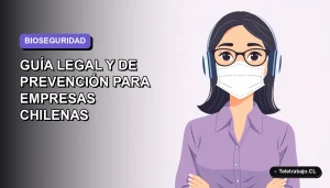 Ilustración corporativa plana de una mujer profesional trabajando desde casa con mascarilla, guía legal para empresas chilenas 2026.