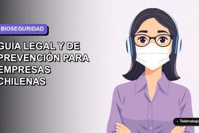 Ilustración corporativa plana de una mujer profesional trabajando desde casa con mascarilla, guía legal para empresas chilenas 2026.
