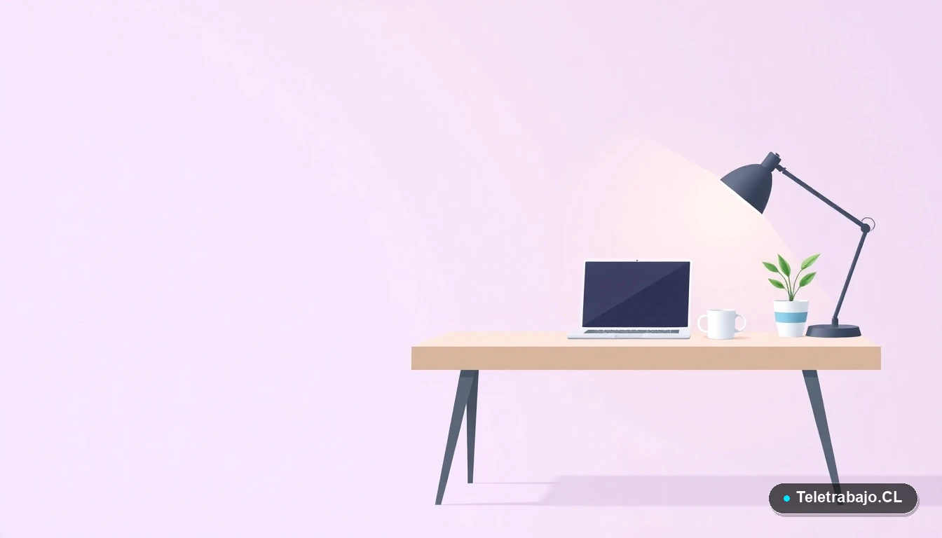 Escritorio moderno minimalista vacío con laptop, café y planta, representando la desconexión laboral, estilo ilustración vectorial plana.