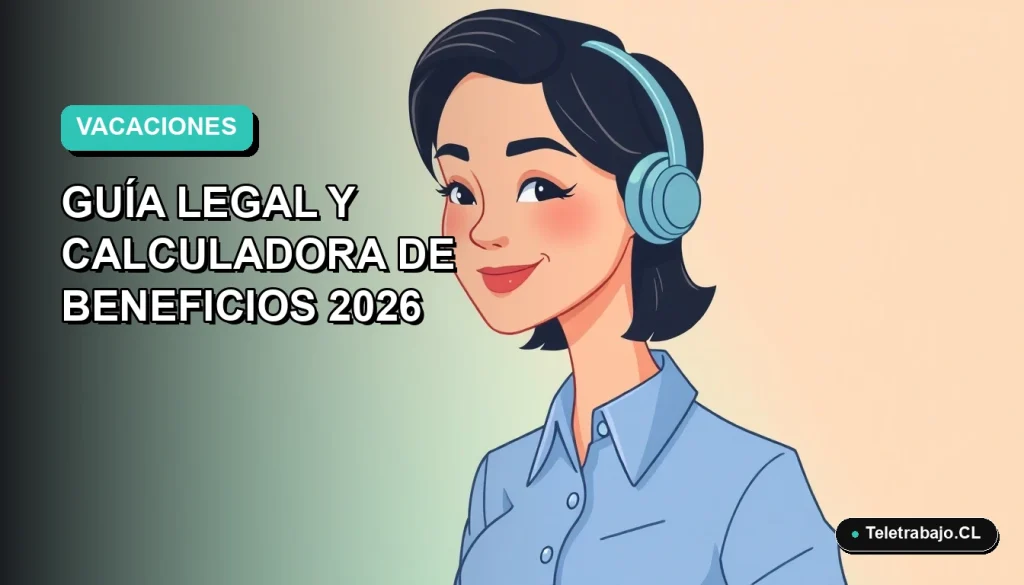 Ilustración plana corporativa de una trabajadora chilena sonriente con blusa azul, sobre fondo degradado azul y verde. Concepto de vacaciones ilimitadas y teletrabajo.