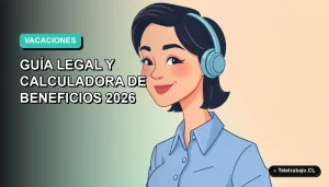 Ilustración plana corporativa de una trabajadora chilena sonriente con blusa azul, sobre fondo degradado azul y verde. Concepto de vacaciones ilimitadas y teletrabajo.