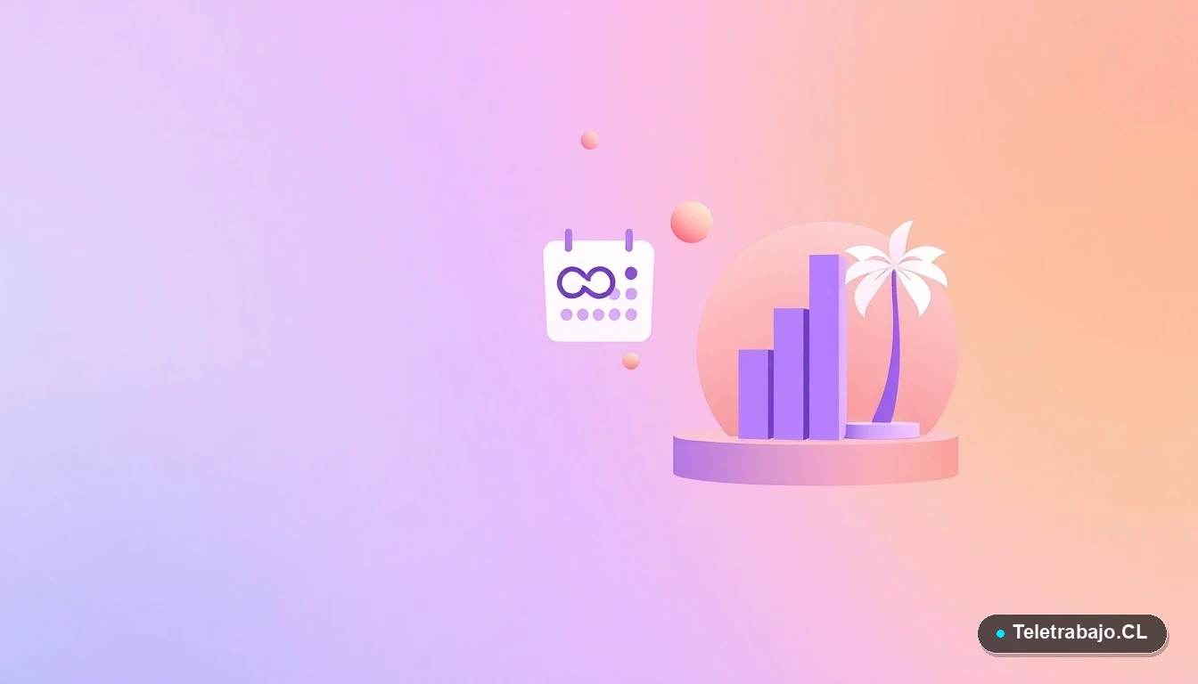 Composición abstracta de interfaz de usuario con iconos planos de calendario, gráfico de barras y palmera, sobre fondo degradado lila y durazno. Representa beneficios y cálculo de vacaciones.