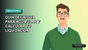 Ilustración plana de trabajador remoto junto a guía definitiva para calcular vacaciones no tomadas en Chile