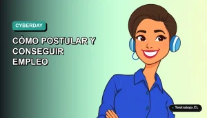 Ilustración vectorial plana de una mujer profesional de tecnología con blusa azul, sonriendo, sobre un fondo degradado verde azulado. Representa las vacantes de CyberDay 2026.