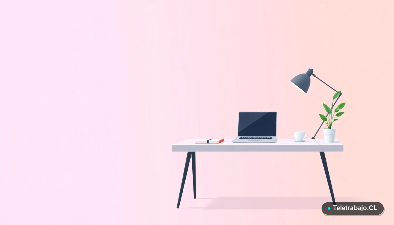 Escritorio moderno minimalista con laptop, cuaderno, taza de café y una planta, ilustración vectorial plana sobre fondo degradado lila, concepto de espacio de trabajo para CyberDay.