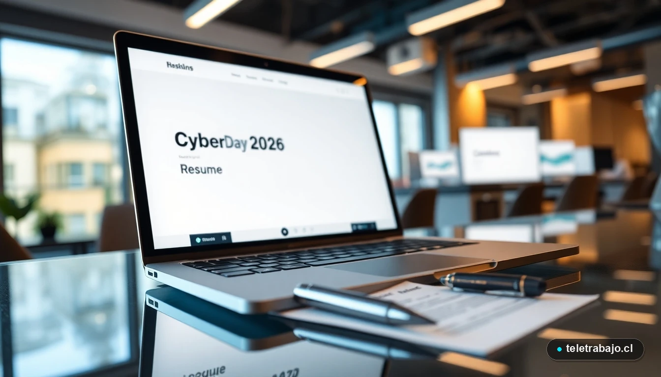 Primer plano de un laptop y documentos listos para postular a las vacantes del CyberDay 2026