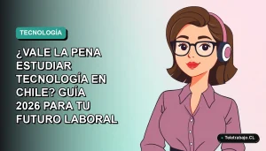 Ilustración plana vectorial de una mujer profesional chilena trabajando en tecnología, estilo Corporate Memphis, con fondo degradado suave.