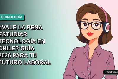 Ilustración plana vectorial de una mujer profesional chilena trabajando en tecnología, estilo Corporate Memphis, con fondo degradado suave.