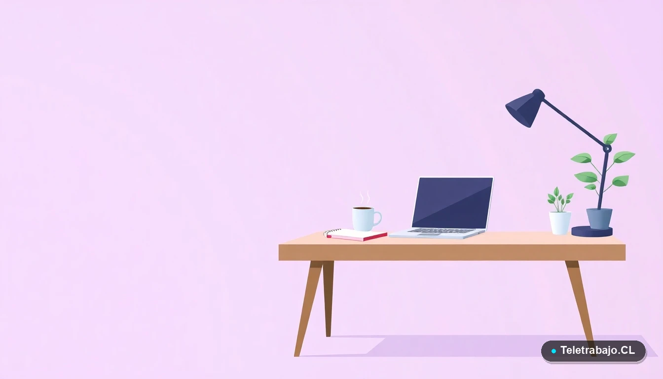 Escritorio moderno minimalista para trabajo remoto en tecnología, con laptop y accesorios, ilustración plana vectorial estilo startup.