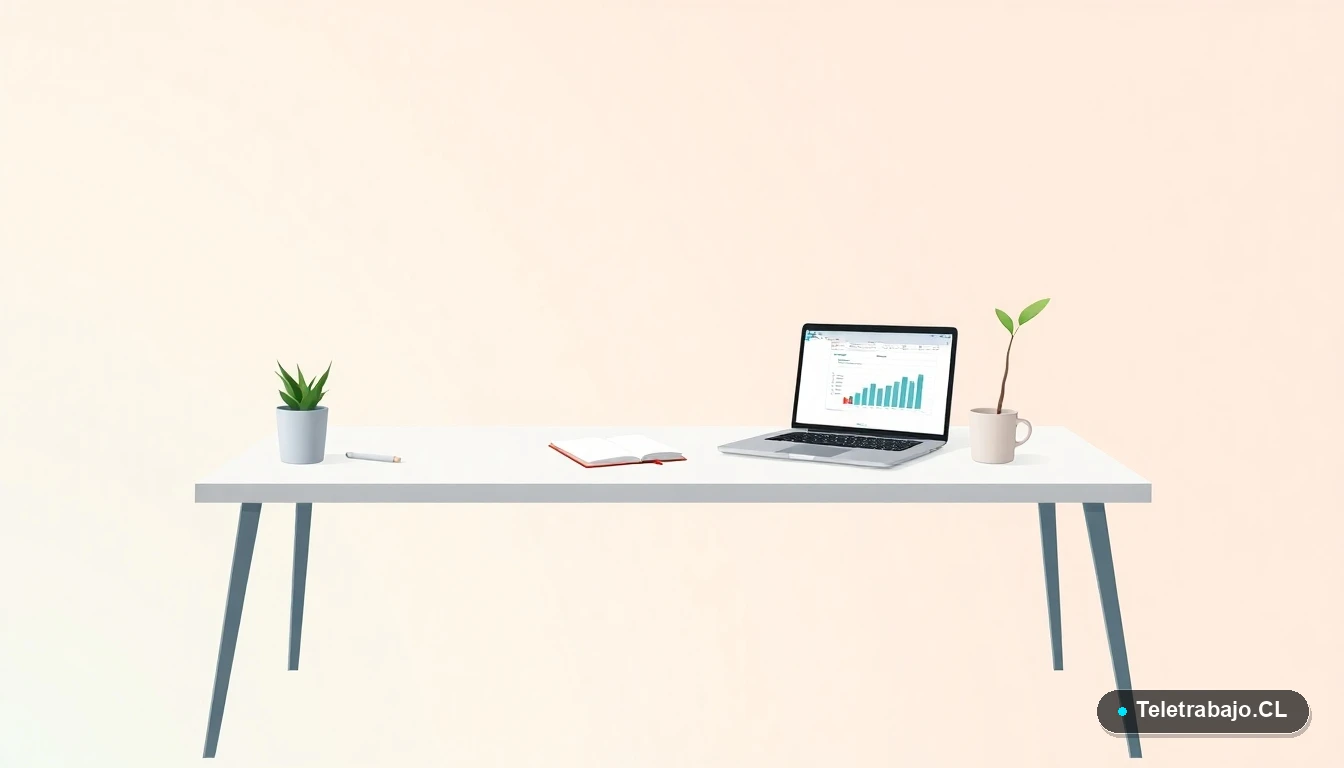 Escritorio moderno minimalista con laptop mostrando gráficos de Excel, una planta y una taza de café, sobre fondo degradado. Ilustración vectorial plana estilo corporativo.