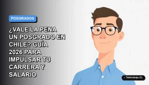 Ilustración plana vectorial de un trabajador remoto masculino con camisa azul y anteojos, sobre un fondo degradado azul y gris, representando el crecimiento profesional con un posgrado en Chile.