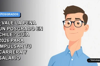 Ilustración plana vectorial de un trabajador remoto masculino con camisa azul y anteojos, sobre un fondo degradado azul y gris, representando el crecimiento profesional con un posgrado en Chile.