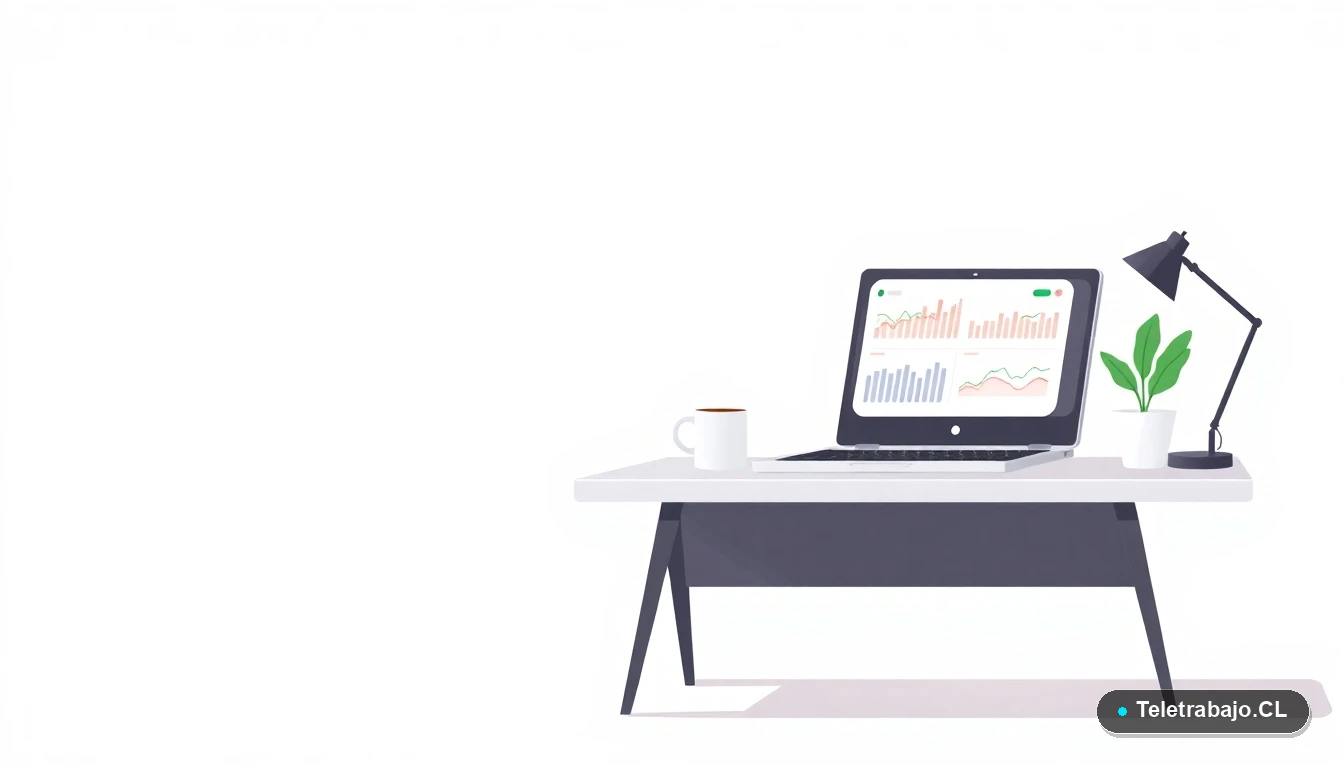 Escritorio moderno minimalista con laptop, gráficos en pantalla, taza de café y una planta, sobre fondo degradado verde menta, concepto de estudio y productividad para posgrados.