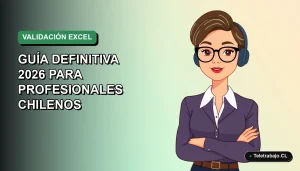 Ilustración vectorial plana de una profesional chilena de tecnología sonriente, con fondo degradado verde y azul, sobre guía para validar datos en Excel sin errores.