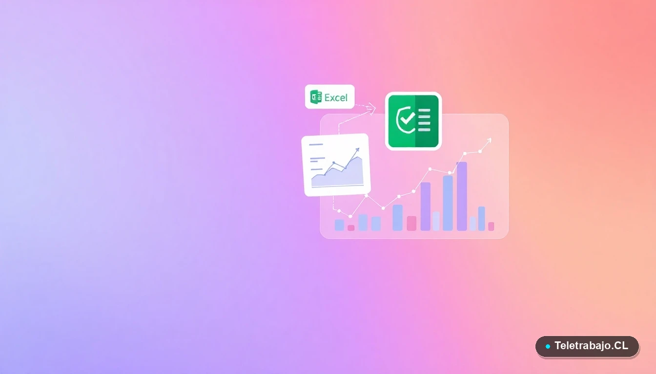 Elementos de interfaz de usuario abstractos y modernos, como gráficos y un escudo de verificación, representando la validación de datos en Excel, sobre fondo degradado lila.