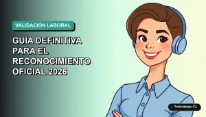Ilustración vectorial plana de una mujer profesional chilena con blusa azul, sonriendo, sobre fondo degradado verde azulado. Concepto de validación laboral.