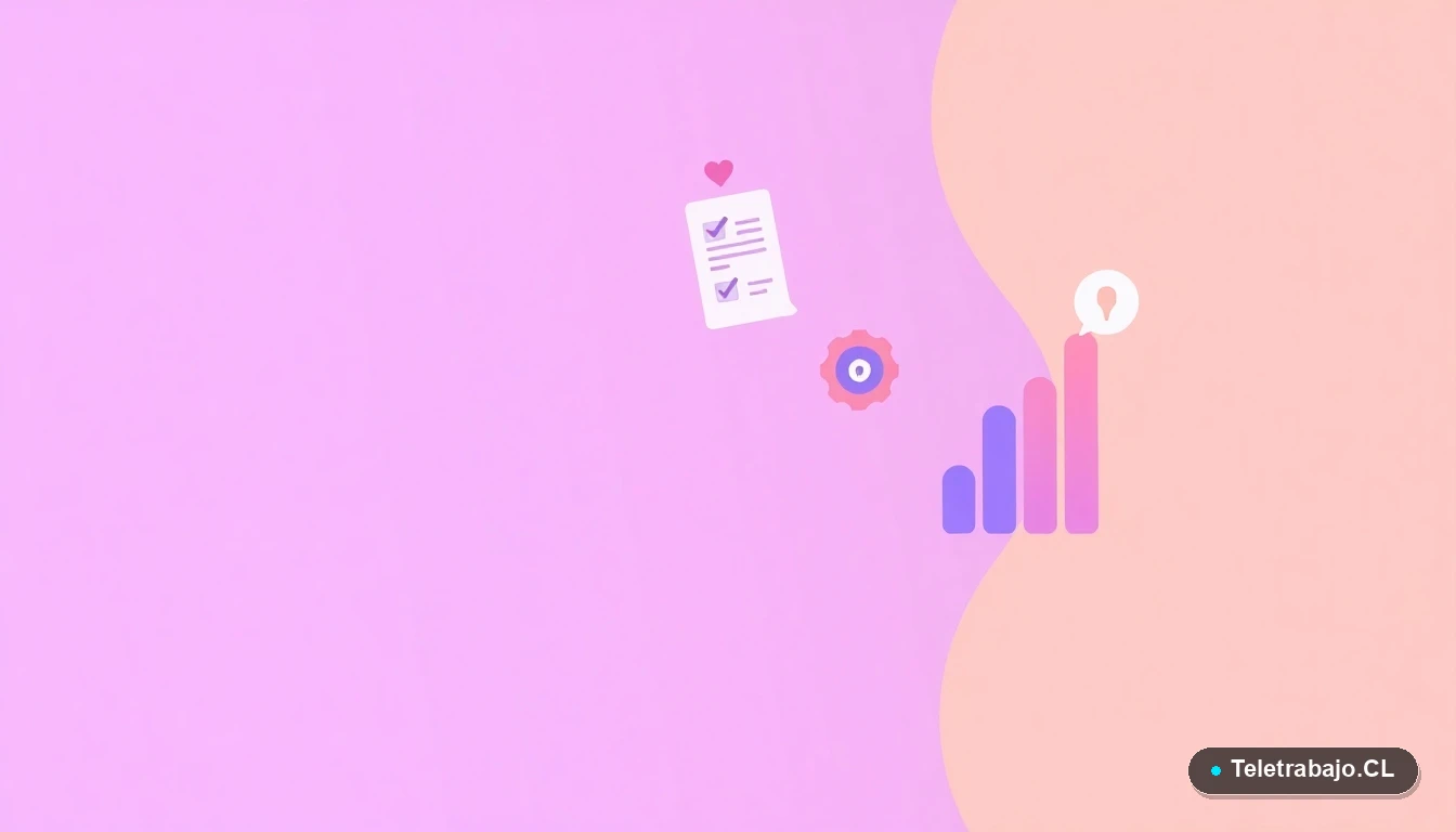 Elementos de interfaz de usuario abstractos: documentos con check, engranaje y gráfico de progreso, sobre fondo degradado lila y durazno. Concepto de proceso de validación.