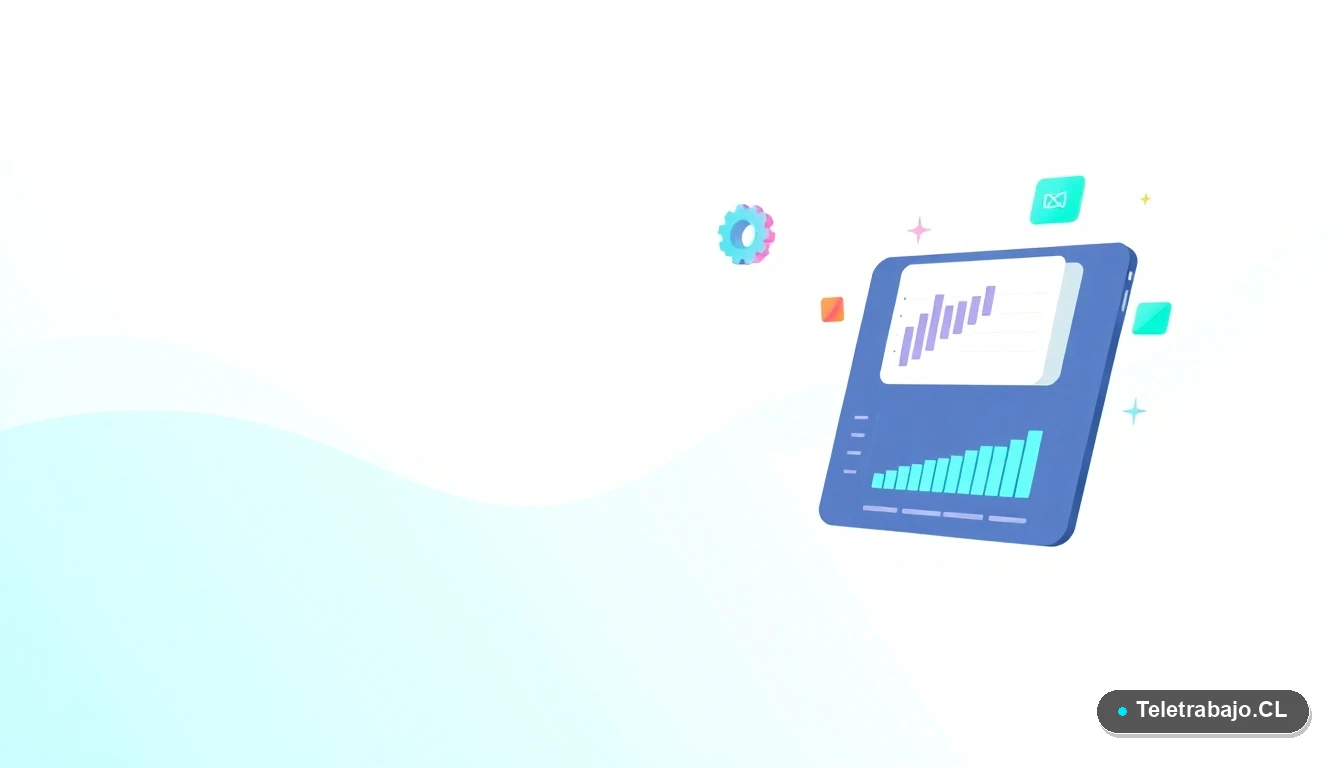 Elementos de interfaz de usuario abstractos y modernos, como gráficos y engranajes flotantes en estilo vectorial plano, sobre fondo degradado azul verdoso.