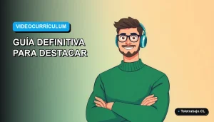 Ilustración plana corporativa de un hombre profesional de tecnología con suéter verde, sobre fondo azul degradado, para guía de videocurrículum.