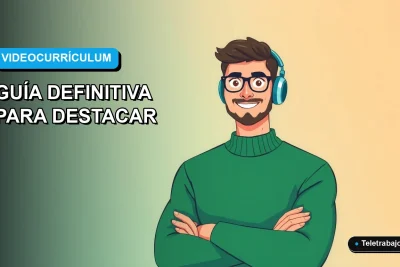 Ilustración plana corporativa de un hombre profesional de tecnología con suéter verde, sobre fondo azul degradado, para guía de videocurrículum.