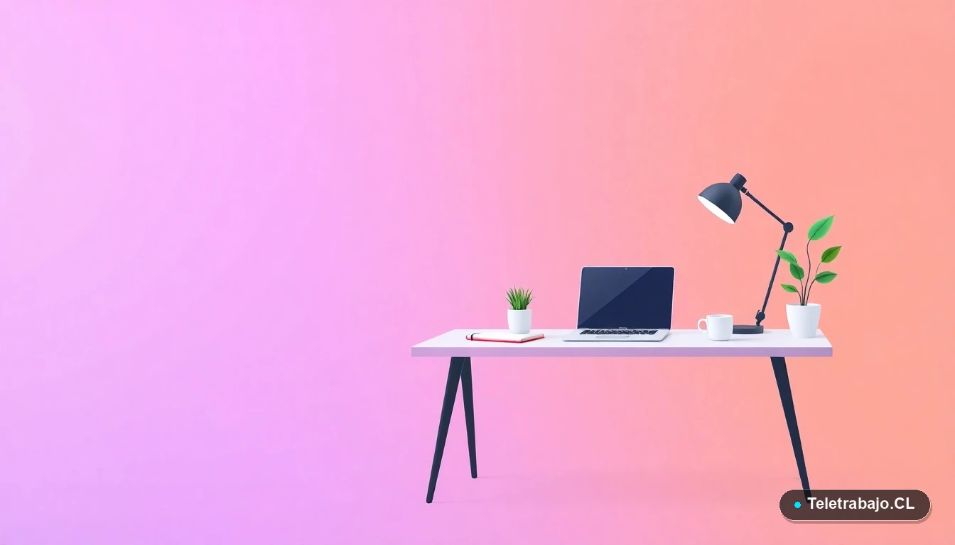 Escritorio moderno minimalista con laptop, cuaderno, taza de café y planta, sobre fondo degradado lila y durazno, concepto de espacio de trabajo para videocurrículum.