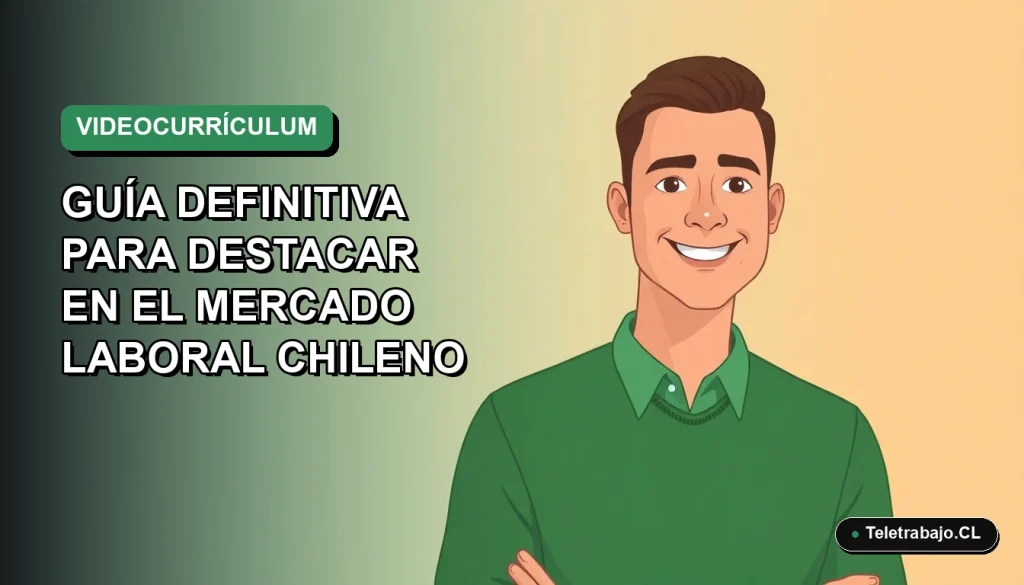 Ilustración plana de un trabajador chileno sonriendo creando su videocurrículum en un entorno digital moderno.