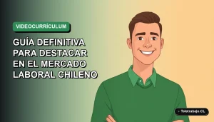 Ilustración plana de un trabajador chileno sonriendo creando su videocurrículum en un entorno digital moderno.