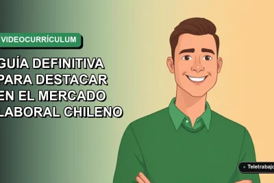 Ilustración plana de un trabajador chileno sonriendo creando su videocurrículum en un entorno digital moderno.