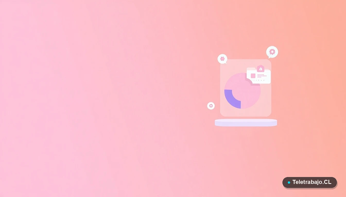 Elementos abstractos de interfaz digital: gráficos y carpetas flotantes sobre fondo degradado, representando herramientas tecnológicas para el trabajo moderno.