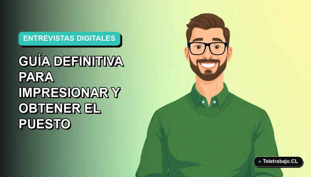 Ilustración plana de un trabajador remoto masculino con suéter verde y camisa, sonriendo, sobre un fondo degradado azul y verde. Espacio negativo a la izquierda.