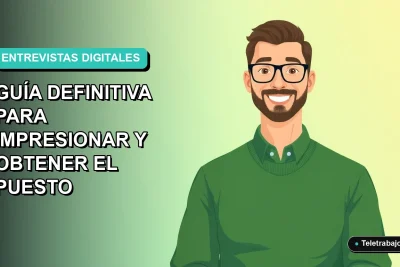 Ilustración plana de un trabajador remoto masculino con suéter verde y camisa, sonriendo, sobre un fondo degradado azul y verde. Espacio negativo a la izquierda.