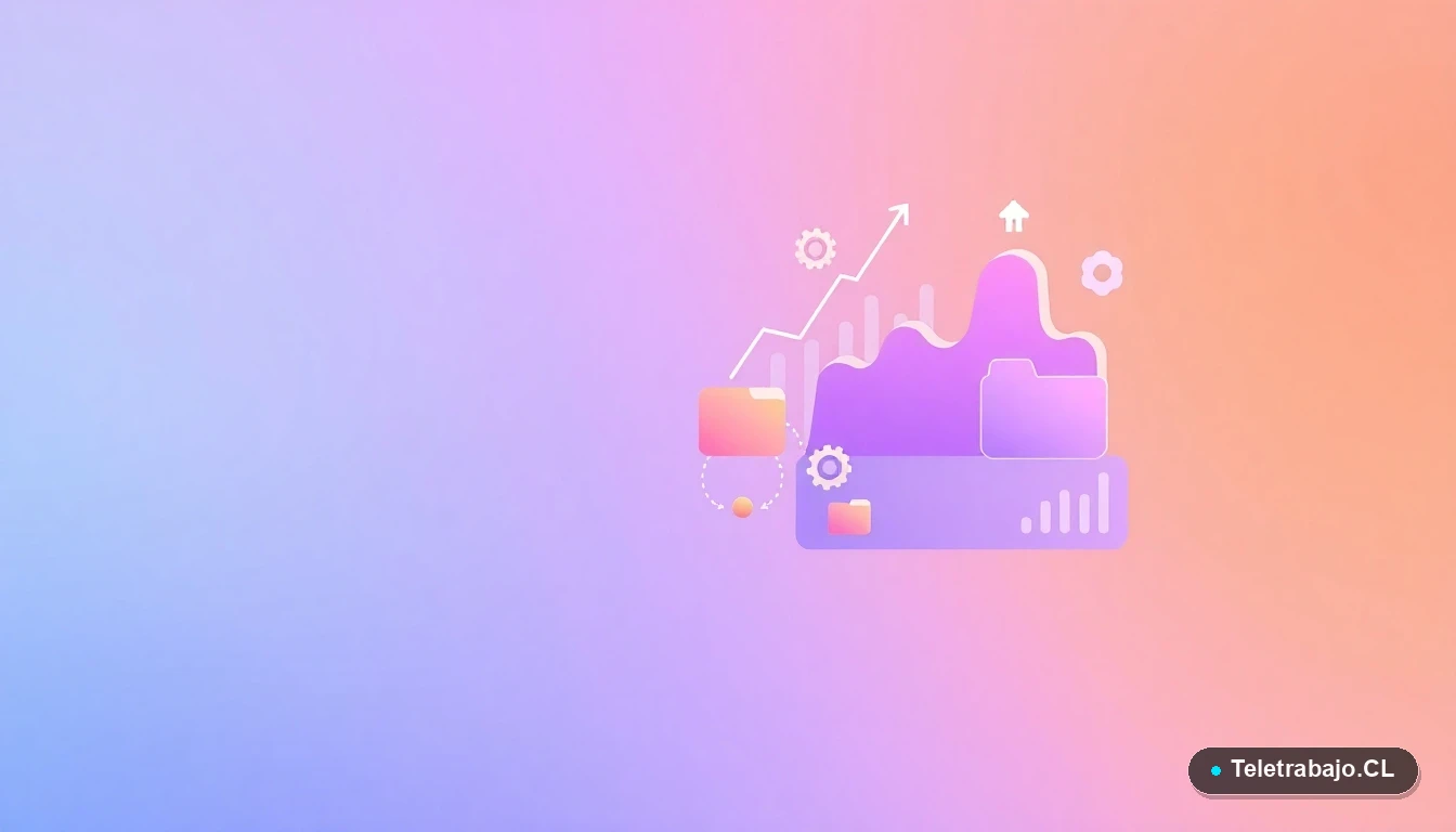 Composición abstracta de interfaz de usuario con gráficos flotantes, engranajes y carpetas en colores lavanda y durazno, sobre fondo degradado lila. Concepto de tecnología y procesos digitales.