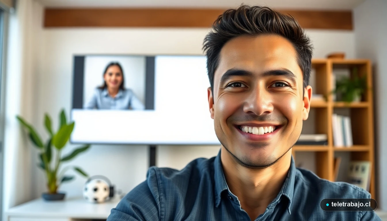 Profesional chileno en una videollamada con excelente iluminación y fondo ordenado, mostrando una imagen corporativa impecable