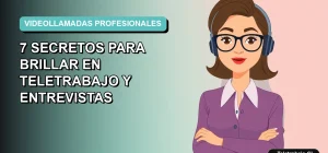 Ilustración vectorial plana de una mujer profesional en videollamada, con fondo degradado azul verdoso y espacio negativo a la izquierda.