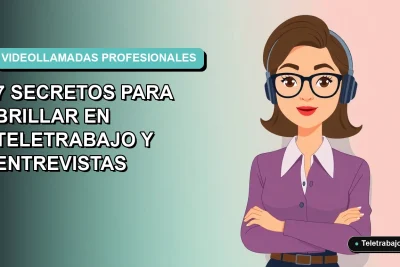 Ilustración vectorial plana de una mujer profesional en videollamada, con fondo degradado azul verdoso y espacio negativo a la izquierda.