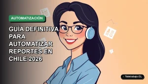 Ilustración vectorial plana de una profesional chilena sonriente, con blusa azul, junto a íconos de gráficos y carpetas de Excel, sobre fondo degradado verde suave, representando la automatización de reportes.