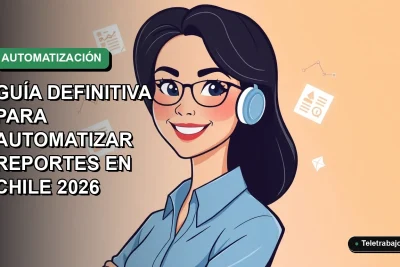 Ilustración vectorial plana de una profesional chilena sonriente, con blusa azul, junto a íconos de gráficos y carpetas de Excel, sobre fondo degradado verde suave, representando la automatización de reportes.