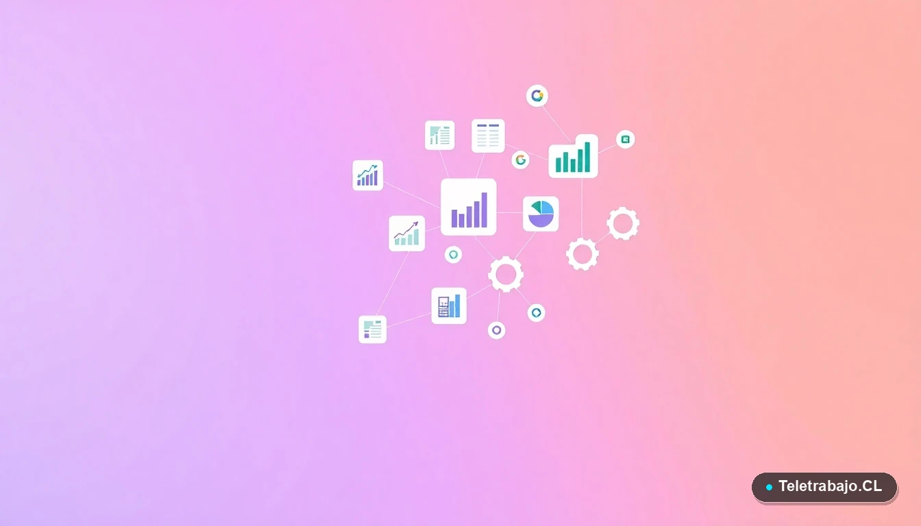Interfaz de usuario abstracta con íconos planos de gráficos de Excel, engranajes y carpetas vinculadas, sobre fondo degradado lavanda, representando la automatización de datos.