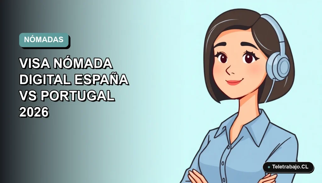 Ilustración plana vectorial de una trabajadora remota con blusa azul y pelo corto, comparando visas digitales de España y Portugal, fondo degradado suave.